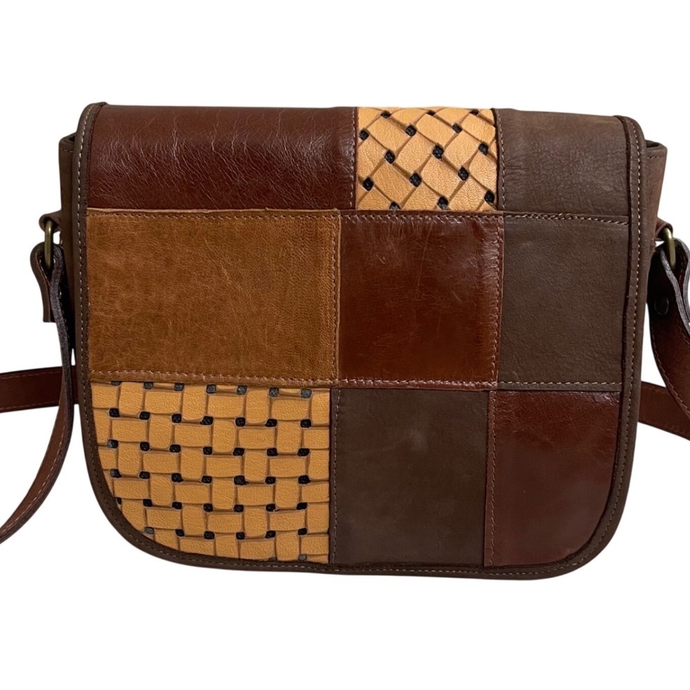 Sundance Patchwork Woven Leather Crossbody Brown Tan Saddle Messenger Flap Purse